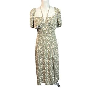 Hesperus Short Sleeve Dress Green Floral Juniors L Knee Length Midi Slit